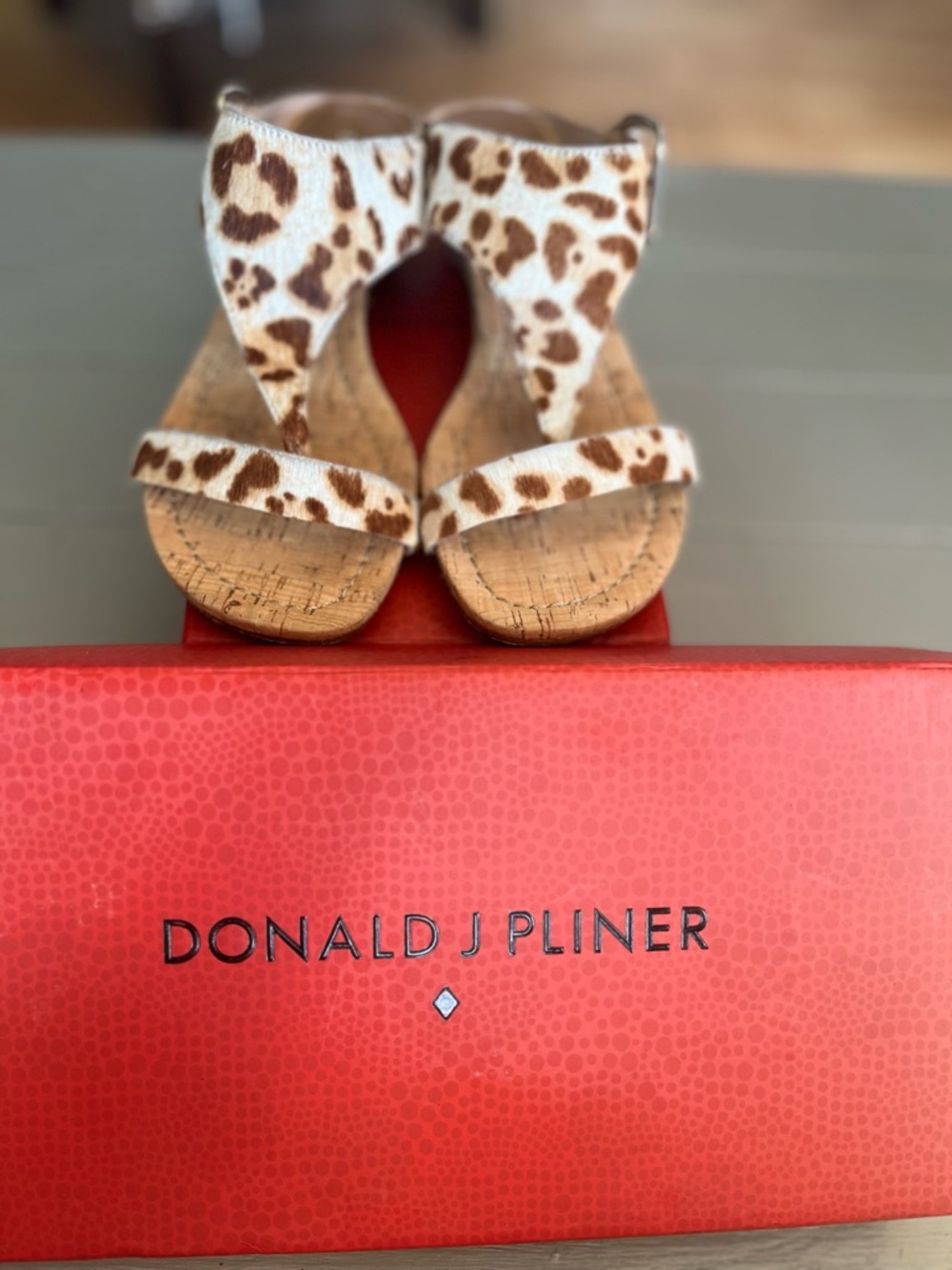 Donald J. Pliner White and Brown Leopard Cork Wedge Sandals